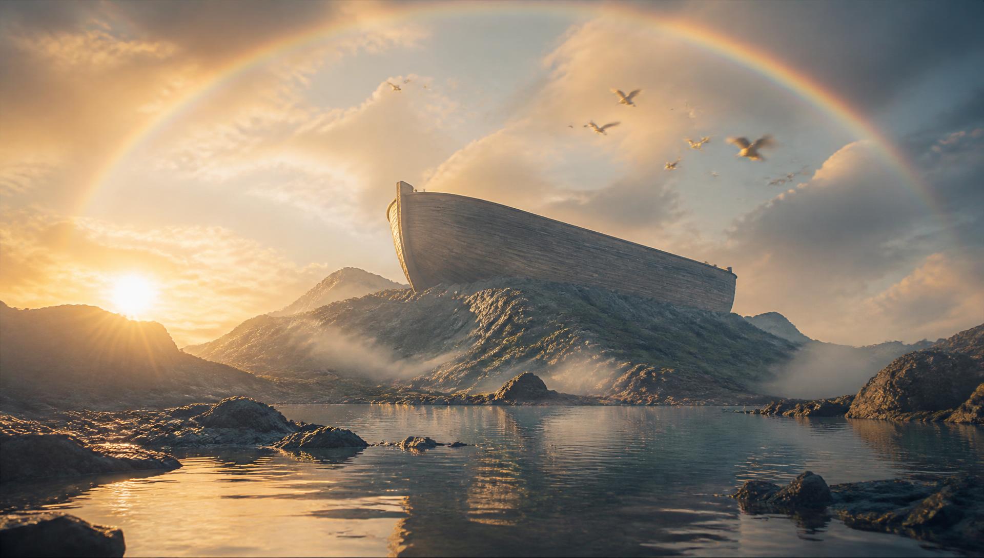 The ark resting under a rainbow after the flood